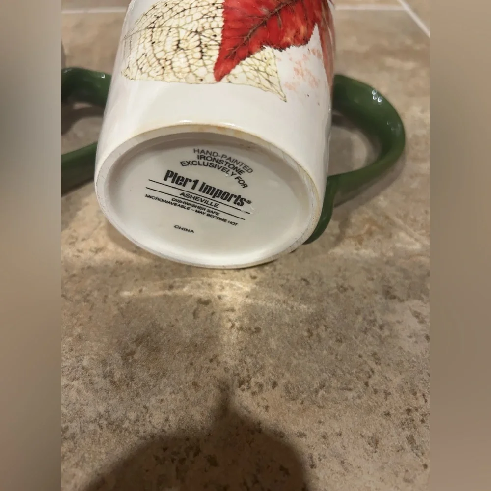 Pier 1 Imports Lot of 2 Handpainted Ironstone Rustic Leaf Patterned Mugs